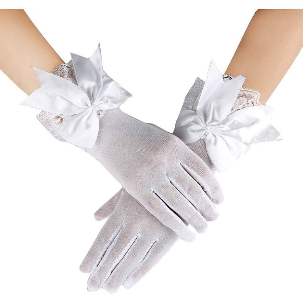 Women's A-White Bow Lace Elegant Wrist Gloves Ruffle Bridal Wedding Party Prom